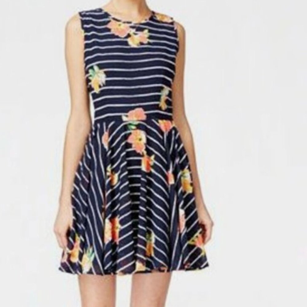 Maison Jules navy blue and white stripes with neon Hawaiian floral print Size: M